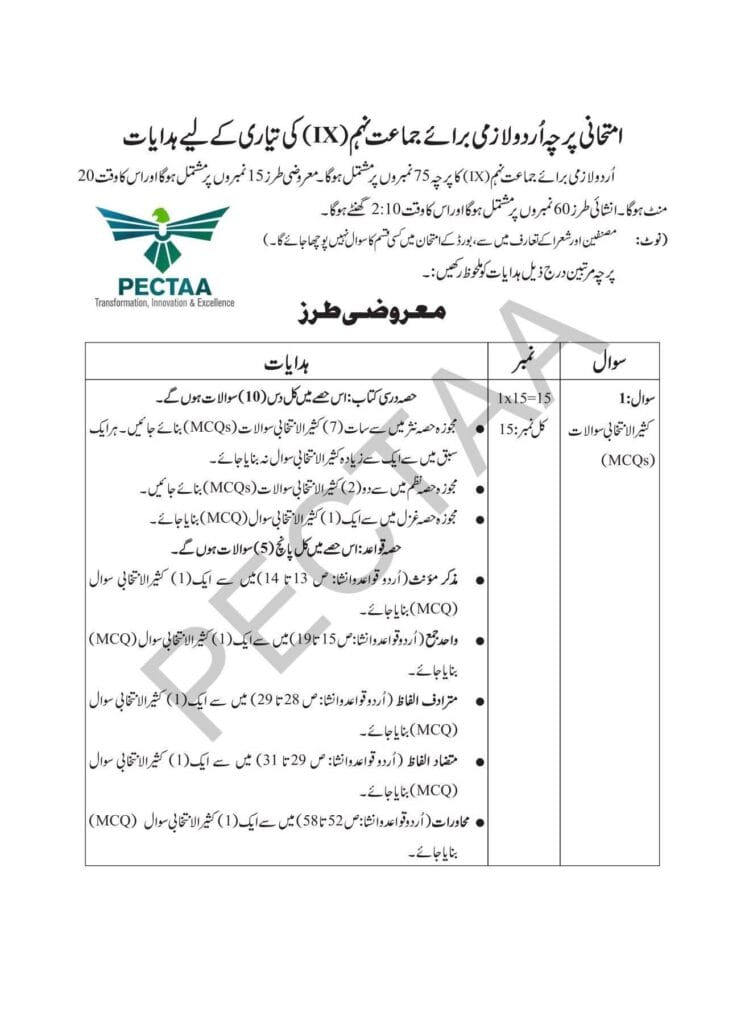 Urdu Pairing Scheme – Class 9