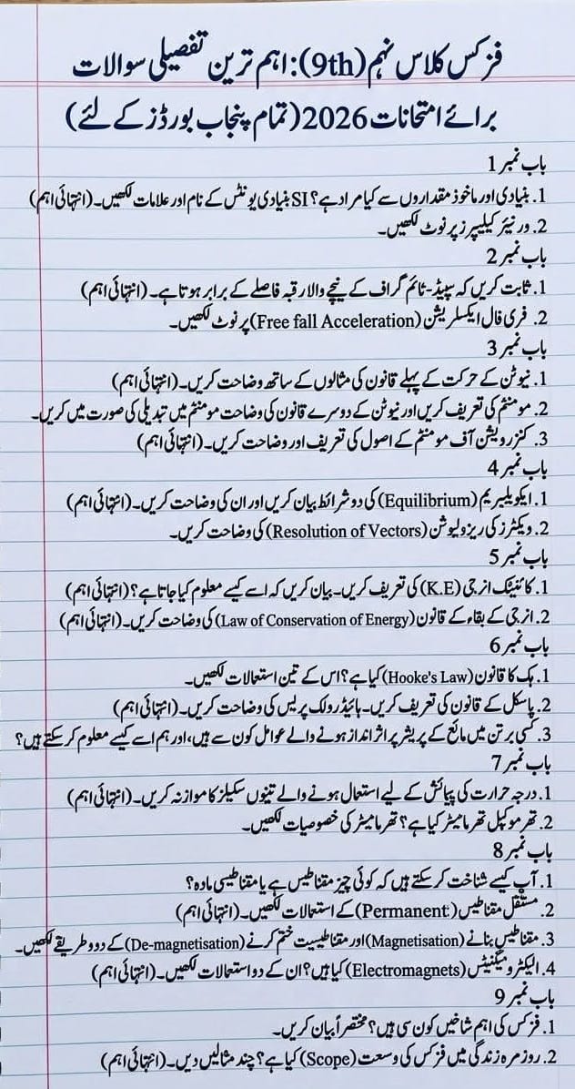 Physics Class 9 Long Question Urdu Guess Paper