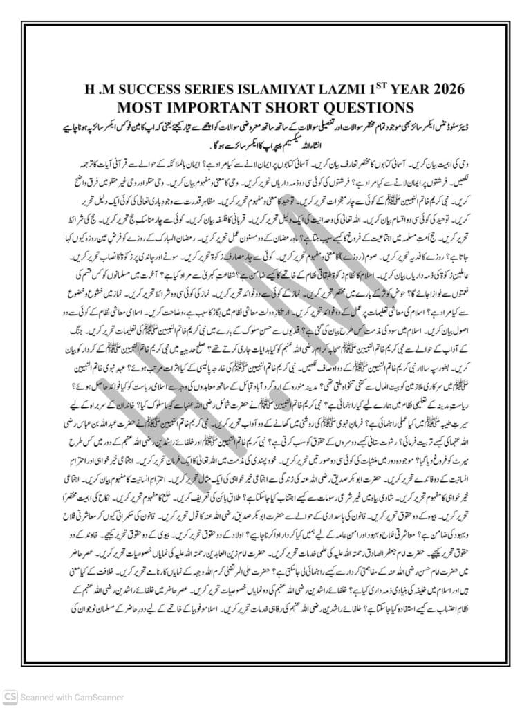 Islamiat Lazmi Class 11 most Important Short Questions